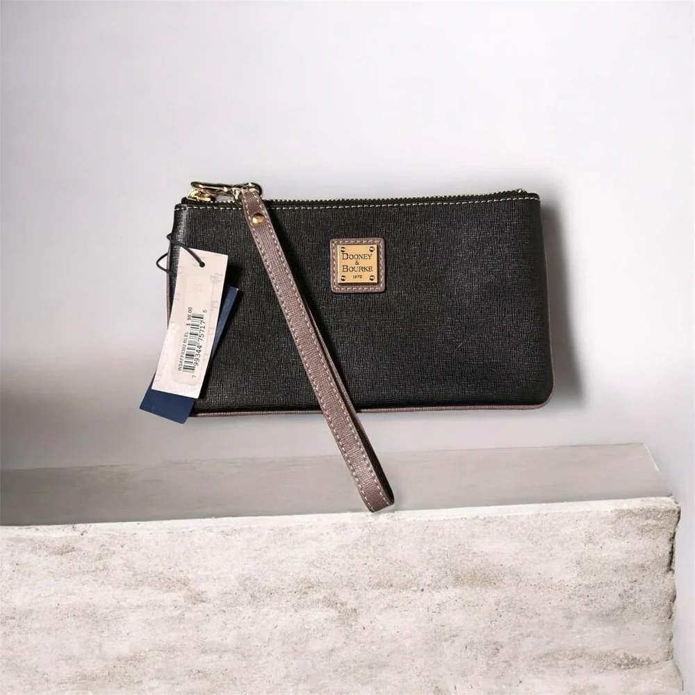 Dooney & Bourke Black Leather Wristlet with Brown Strap